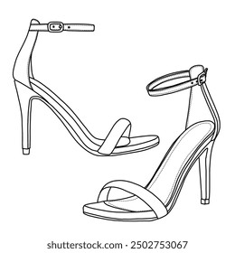 Damen Paar High Heels Knöchelriemen Stilettos Runde offene Zehen Sandalen Linie Kunst, Technische Skizze Handzeichnung Umriss Vektor Doodle Illustration, Seitenansicht einzeln auf weißem Hintergrund