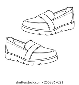 Women's Pairs Slip On Loafers Comfort Memory Foam Dress Shoes Line art, Technical sketch hand drawing outline vector doodle side isometric view isolated on white background for coloring page