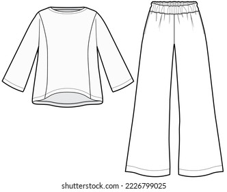 womens pajama set flat technical cad drawing template