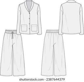 Women's pajamas, front placket, pockets, wide pants and long sleeves suit, front and back view, Fashion Illustration, Vector, CAD, Technical Drawing, Flat Drawing, Template, Mockup
