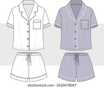 Women's pajamas notch collar top and short set fashion drawing, technical flat sketch illustration. Nightwear, home wear , lounge wear set for women. Cad, Mockup. 
