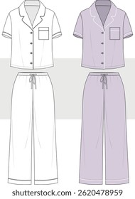 Women's pajamas notch collar top and relaxed fit pants set fashion drawing, technical flat sketch illustration. Nightwear, home wear , lounge wear set for women. Cad, Mockup. 
