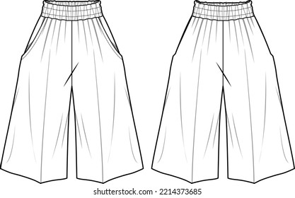 Women's palazzo flare pants  flat sketch fashion illustration front and back view, Wide leg sailor pant design