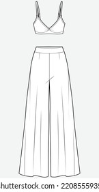 Womens Palazzo Pant And Bra Top Fashion Flat Sketch Vector Illustration.