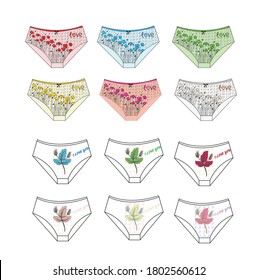 Bragas de mujeres, patrón de impresión y dibujo técnico. Varias huellas de ropa interior.