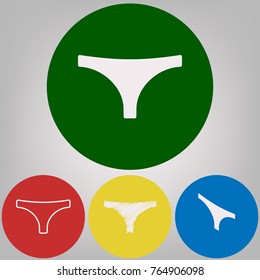 Women's panties sign. Vector. 4 white styles of icon at 4 colored circles on light gray background.