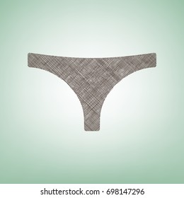 Women's panties sign. Vector. Brown flax icon on green background with light spot at the center.