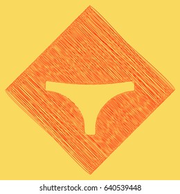 Women's panties sign. Vector. Red scribble icon obtained as a result of subtraction rhomb and path. Royal yellow background.