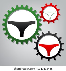 Women's panties sign. Vector. Three connected gears with icons at grayish background.