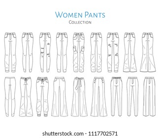 Women's  pants  collection, vector sketch illustration. Different styles of jeans, sweat pants, business formal pants, wide pants and leggings, isolated on white background.