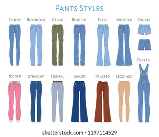 Women's pants collection, vector sketch illustration. Different styles of blue jeans, shorts, overalls, sweat pants, business formal pants, loose pants and leggings, isolated on white background.