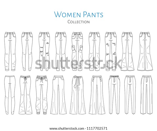 Women\'s  pants  collection,\
vector sketch illustration. Different styles of jeans, sweat pants,\
business formal pants, wide pants and leggings, isolated on white\
background.