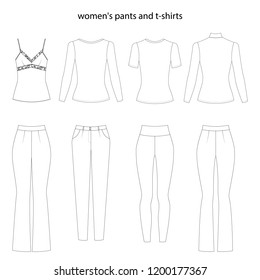 women's pants template collection, vector sketch illustration. Different styles of jeans, shorts, overalls, sweat pants, business formal pants, loose pants and leggings