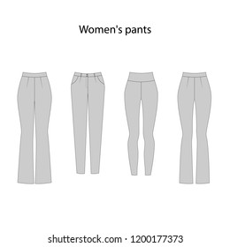 women's pants template collection, vector sketch illustration. Different styles of jeans, shorts, overalls, sweat pants, business formal pants, loose pants and leggings
