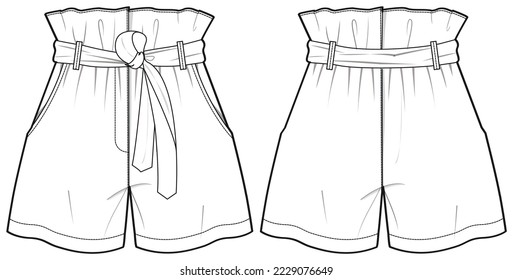 Womens paper bag waist shorts front and back view flat sketch fashion illustration drawing vector template