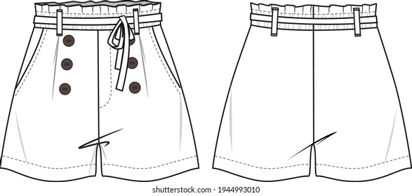 Cebolla de bolso de papel para mujeres, correas de auto cinturón frontal del botón. Ilustración de moda técnica corta con bolsillos laterales. Pantalones planos de pantalones cortos planos, de color blanco y frontal. Burla de CAD de mujeres.