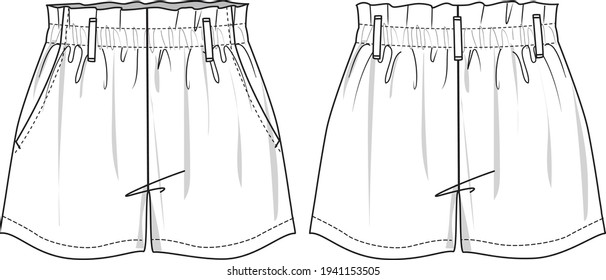 Women's Paperbag Waist Shorts. Shorts technical fashion illustration with side pockets. Flat apparel shorts template front and back, white colour. Women's CAD mock-up.