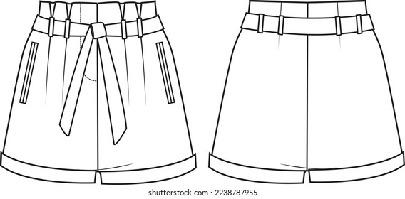 Women's Paperbag Waist Shorts. Shorts technical fashion illustration with side pockets. Flat apparel shorts template front and back, white colour. Women's CAD mock-up.