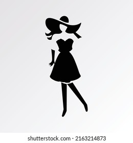 vestido de fiesta de las mujeres con sombrero negro en el vector del logotipo blanco plano