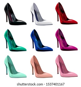 Women's patent leather glossy shoes of different colors. Black, white, red, blue, turquoise, pink, beige colors. Vector 3d realistic illustration isolated on white background.