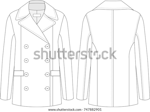 Womens Pea Coat Technical Drawing Stock Vector (Royalty Free) 747882901