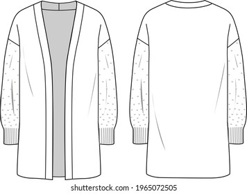 Women's Pear Detail, Long Line Cardigan. Cardigan technical fashion illustration. Flat apparel cardigan template front and back, white colour. Women's CAD mock-up.