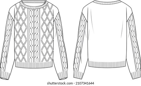 Women's Pearl Detail, Cable Front Detail Sweater- Sweater technical fashion illustration. Flat apparel sweater template front and back, white colour. Women's CAD mock-up.