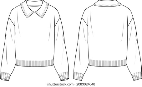 Women's Pearl Detail Collar Jumper- Jumper technical fashion illustration. Flat apparel jumper template front and back, white colour. Women's CAD mock-up.