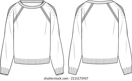 Detalle de Perla de Mujeres, Sudadera de Hombro Cortada - Suéter de moda técnica. Plantilla de suéter de prendas planas, frontal y posterior, de color blanco. Burla de CAD de mujeres.