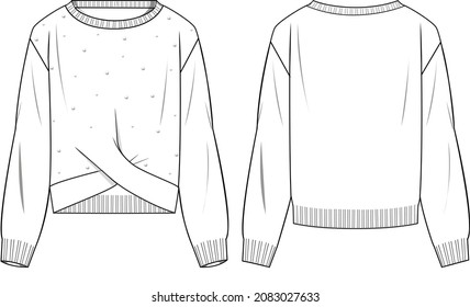 Women's Pearl Detail, Twist Front Sweater - Sweater technische Modegrafik. Flaches Bekleidungspult, Vorder- und Rückseite, weiße Farbe. Das CAD-Modell für Frauen.