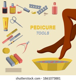  Women's pedicure and nail Polish application . Foot beauty kit. Vector illustration.