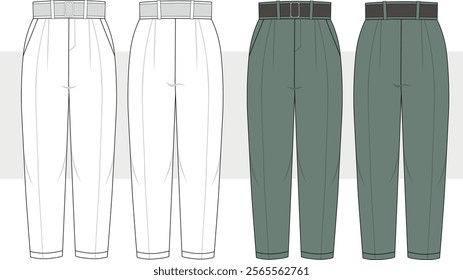 Women's peg pants, carrot pants, detailing of belt and Pleat , design flat sketch fashion illustration front and back view, cad drawing vector template.