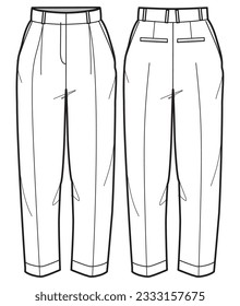 Women's peg pants trouser design flat sketch fashion illustration front and back view, Pleat front peg trouser pants cad drawing vector template