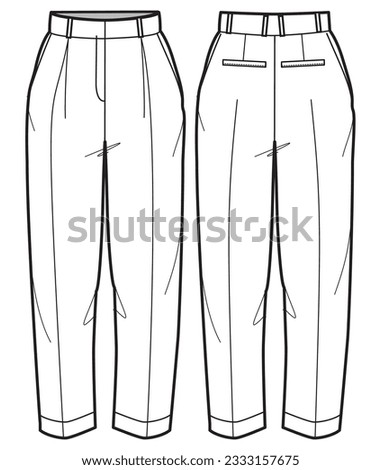 Women's peg pants trouser design flat sketch fashion illustration front and back view, Pleat front peg trouser pants cad drawing vector template