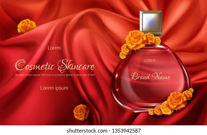 Womens perfume 3d realistic vector advertising banner or cosmetic promo poster. Elegant, glass perfume bottle with silver sprayer lid on wavy red satin, soft silk fabric with flowers. Cosmetics