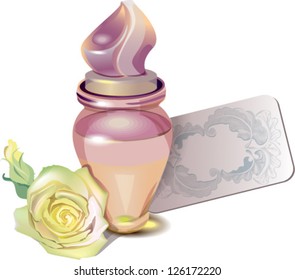 women's perfume in beautiful bottle and white rose with card