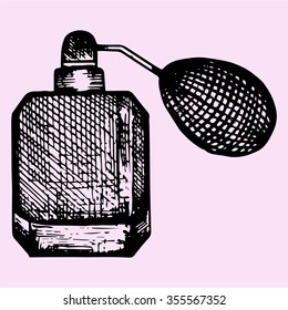 Womens perfume bottle, doodle style, sketch illustration, hand drawn, vector