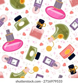 Womens perfume seamless pattern. Scented liquid in different glass bottles. Aroma cosmetics. Luxury pump flacons. Beauty products. Repeated print. Toilet water and colognes vials. Vector background
