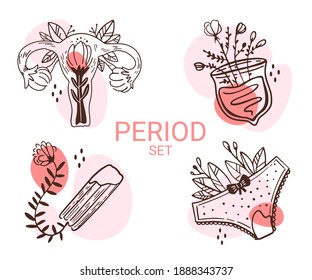 Women's period. Vector set, female uterus in flowers, menstrual cup, tampon, panties with flowers.