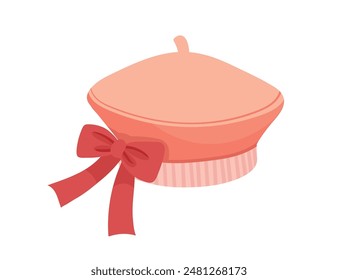 Women's pink beret with red bow, stylish hat vector illustration isolated on white background