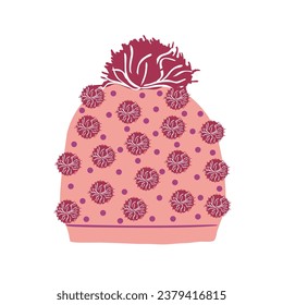 Women's pink hat with pompom. Winter clothes in cartoon style.