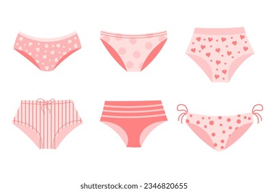 Women's pink panties with patterns. A set of women's underwear. Icons, vector