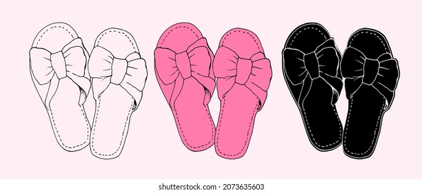 women's pink slippers. hand-drawn slippers with bows in sketch style, top view isolated black outline and silhouette for vintage label design template, home shoes