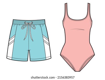 Women's pink swimsuit and men's blue swimming trunks shorts for swimming.