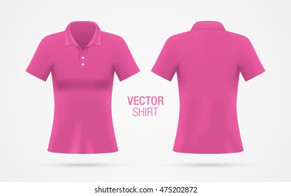 Women's pink vector polo shirt template isolated on background. Women's classic pink shirt realistic mockup.