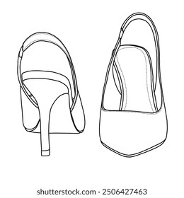 Women's Platform Heels Sky High Heel Sandals Schuhlinie Kunst, Technische Skizze Handzeichnung Umriss Vektor Doodle Illustration Vorder-und Rückansicht einzeln auf weißem Hintergrund