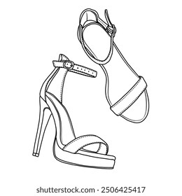 Frauen-Plattform Stiletto Heels Open Toe Ankle Strappy High Heels Sandalen Schuhe Linie Kunst, Technische Skizze Handzeichnung Umriss Vektor Doodle Illustration, verschiedene Ansicht einzeln auf weißem Hintergrund