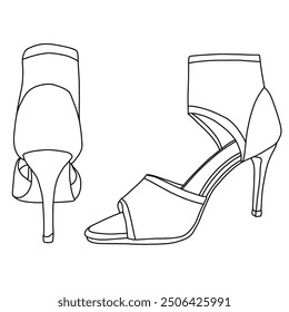 Women's Platform Stiletto Heels Shoes Peep Toe Pumps Line art, Technical sketch hand drawing outline vector doodle illustration side and rear view isolated on white background