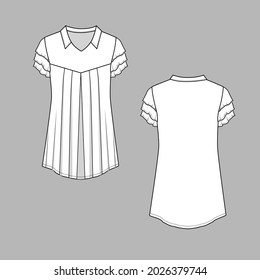 Womens  Pleated Collar Tunic Tops Layered Ruffles Sleeve  A Line Flare Hem t shirt  Flat Sketch technical Drawing Vector Design
