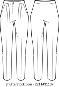 Women's Pleated Peg Trouser Pants Front And Back View Flat Sketch Fashion Illustration